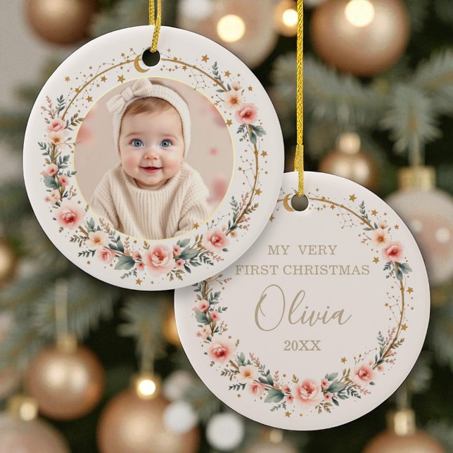 Celestial Baby First Christmas Personalised Photo Ceramic Ornament (Creator Uploaded)