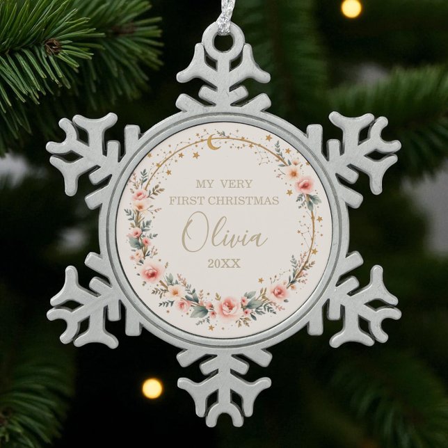 Celestial Baby First Christmas Personalised  Snowflake Pewter Christmas Ornament (Creator Uploaded)