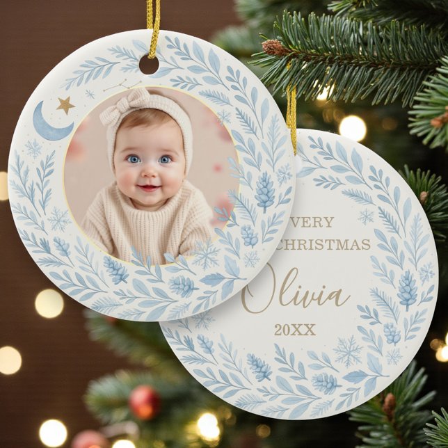 Celestial Baby First  Cute Blue Christmas Photo Ceramic Ornament (Creator Uploaded)