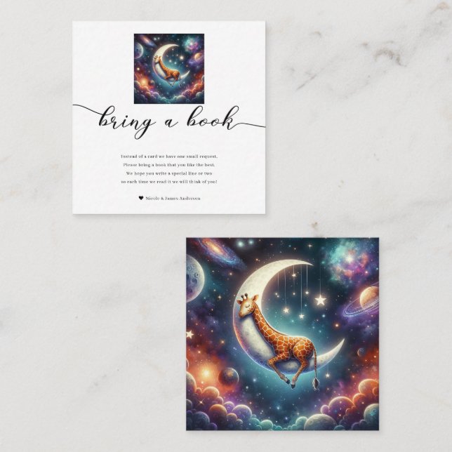 Celestial Baby Giraffe Bring a Book Baby Shower  Square Business Card (Front/Back)