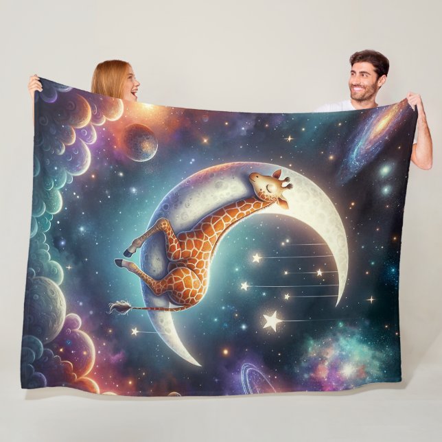 Celestial Baby Giraffe Sleeping on Moon & Stars Fleece Blanket (In Situ)