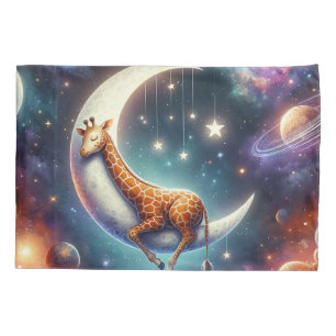 Celestial Baby Giraffe Sleeping on Moon & Stars Pillowcase