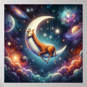 Celestial Baby Giraffe Sleeping on Moon & Stars Poster