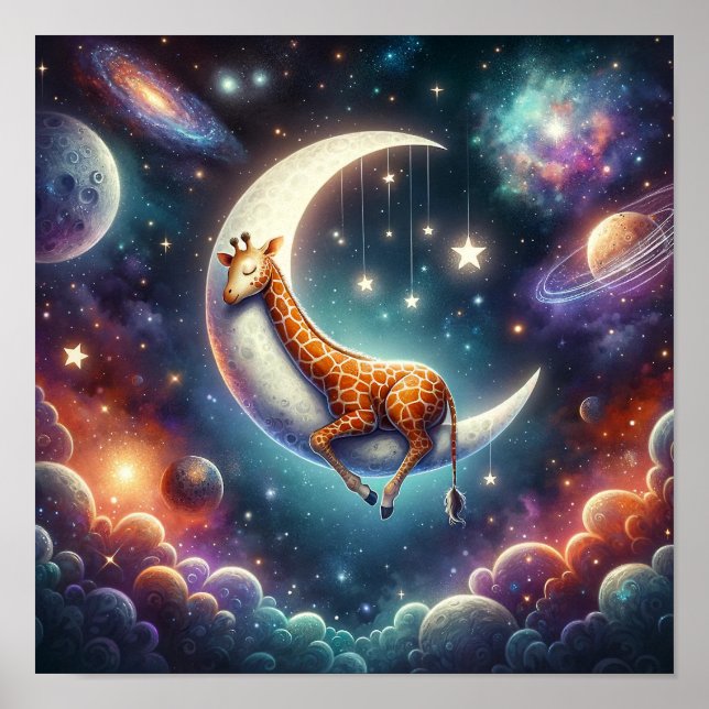 Celestial Baby Giraffe Sleeping on Moon & Stars Poster (Front)