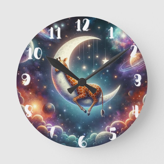 Celestial Baby Giraffe Sleeping on Moon & Stars Round Clock (Front)