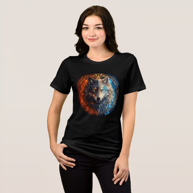 Celestial Balance Wolf – Fire and Ice Tri-Blend Shirt (Front Full)