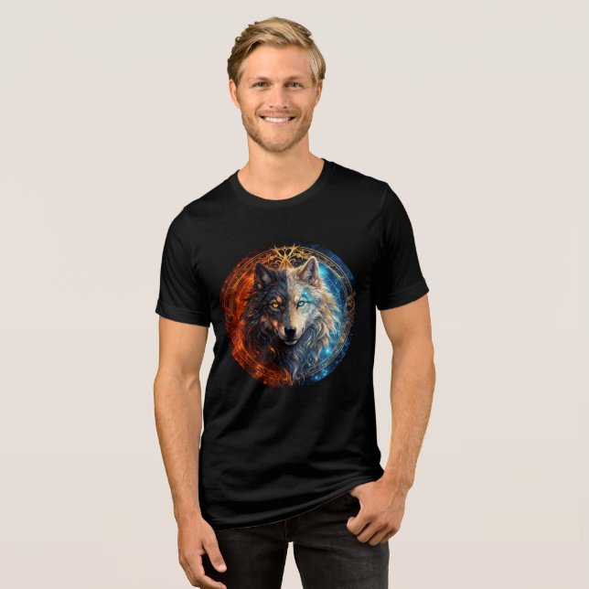 Celestial Balance Wolf – Fire and Ice Tri-Blend Shirt (Front Full)