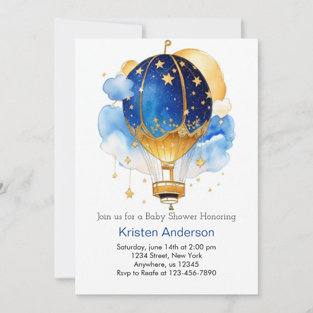 Celestial Balloon Whimsical Boy Baby Shower Invitation (Front)