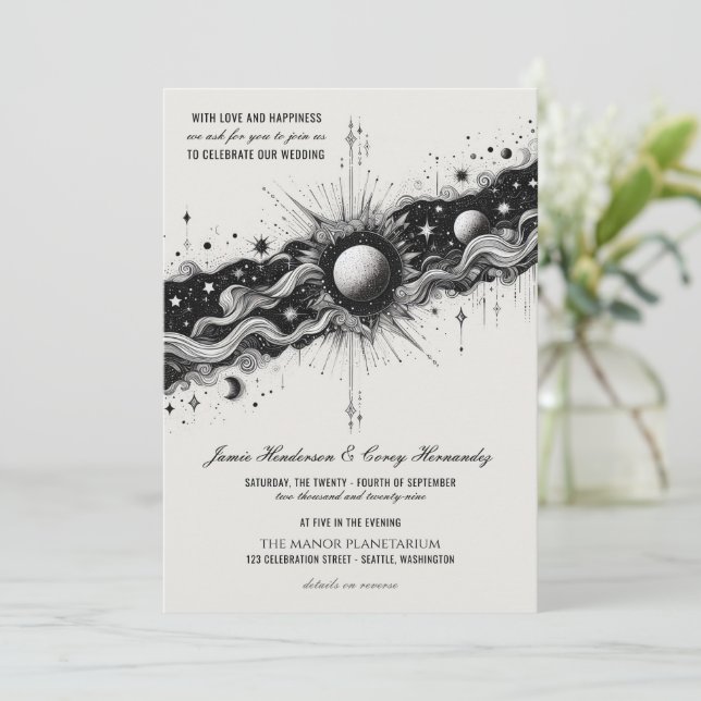 Celestial Band Wedding Invitation with QR Code (Standing Front)