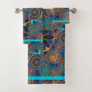 Celestial Bath Towel Set Hand Towel Blue Aqua Gold