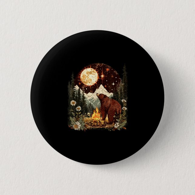 Celestial bear campfire moon camper camping 6 cm round badge (Front)