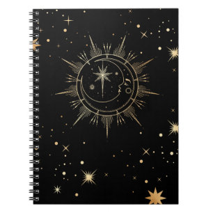 Celestial Black and Faux Gold Moon Sun Stars Notebook