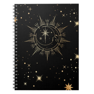 Celestial Black and Faux Gold Moon Sun Stars Notebook