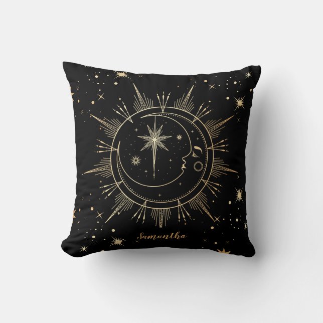 Celestial Black and Gold Moon Sun Stars Cushion (Front)
