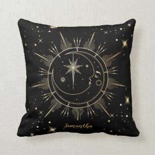 Celestial Black and Gold Moon Sun Stars Cushion