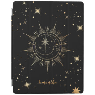 Celestial Black and Gold Moon Sun Stars Name iPad Cover