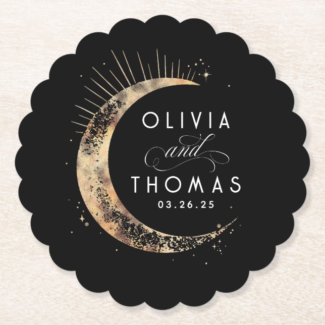 Celestial Black and Gold Mystical Wedding Paper Coaster (Front)
