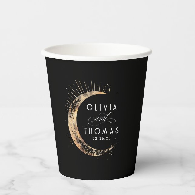 Celestial Black and Gold Mystical Wedding Paper Cups (Front)