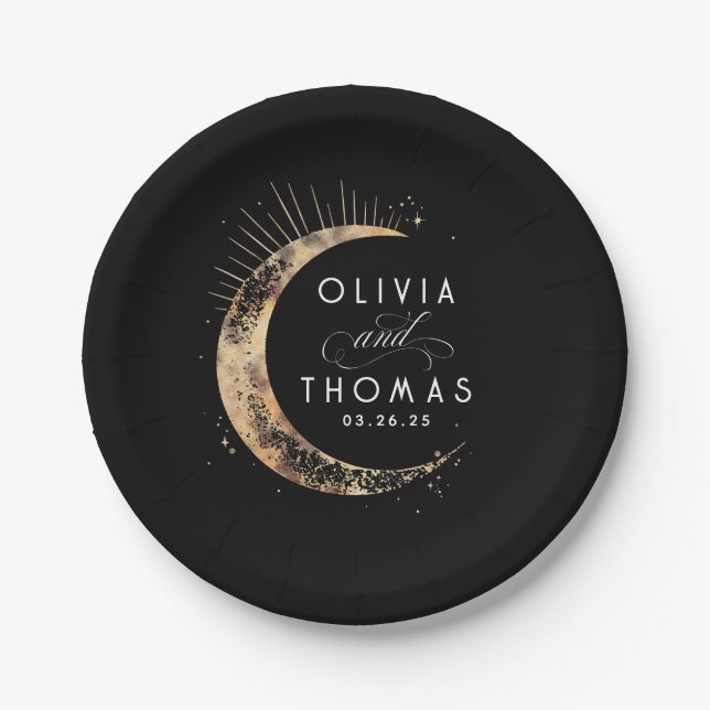 Celestial Black and Gold Mystical Wedding Paper Plate (Front)