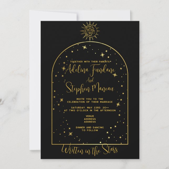 Celestial Black And Gold Stars Moon & Sun Wedding Invitation (Front)