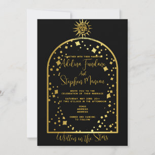 Celestial Black And Gold Stars Moon & Sun Wedding Invitation
