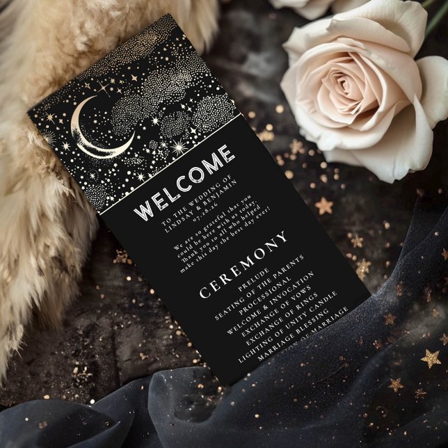 Celestial Black and Gold Wedding Programs (Celestial Black Wedding Programs)