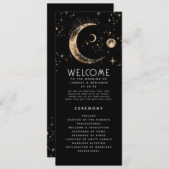 Celestial Black and Gold Wedding Programs (Front/Back)