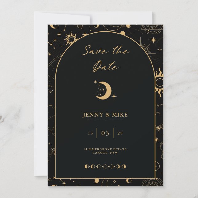 Celestial Black Arch Save the Date Invitation (Front)