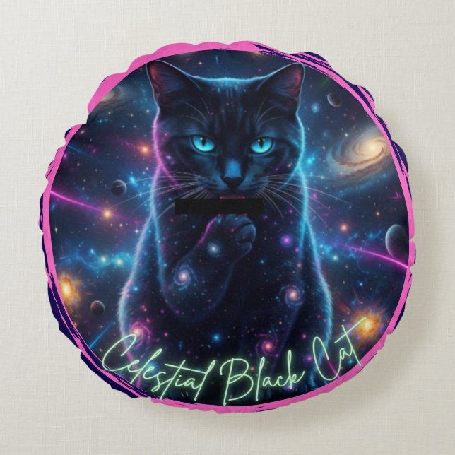 Celestial Black Cat Round Cushion (Front)