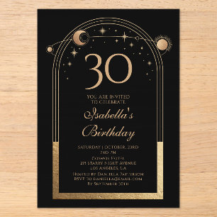 Celestial Black Gold 30th Birthday Sun Moon Stars Acrylic Invitations