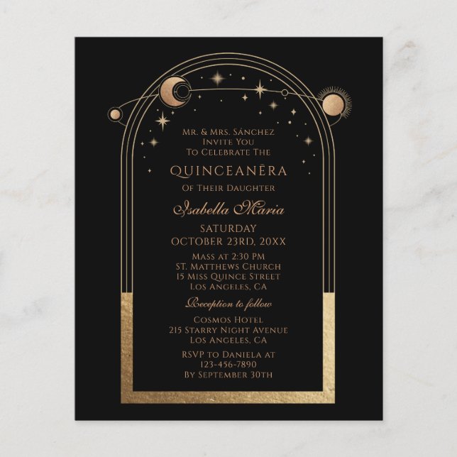Celestial Black Gold Bilingual Spanish Quinceañera Flyer (Front)