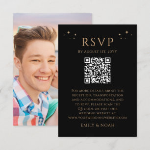 Celestial Black Gold Budget QR Code RSVP Photo Enclosure Card