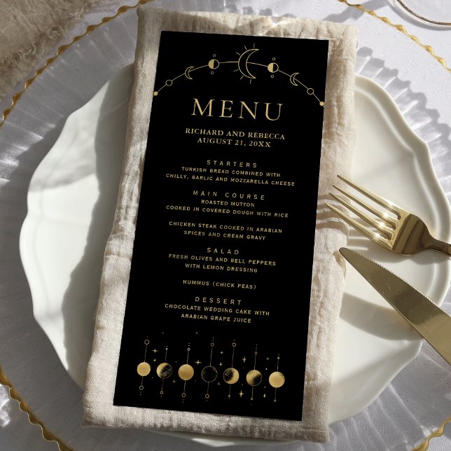 Celestial Black Gold Crescent Moon Phases Wedding Menu (Creator Uploaded)