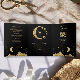Celestial Black Gold Crescent Moon Phases Wedding Tri-Fold Invitation