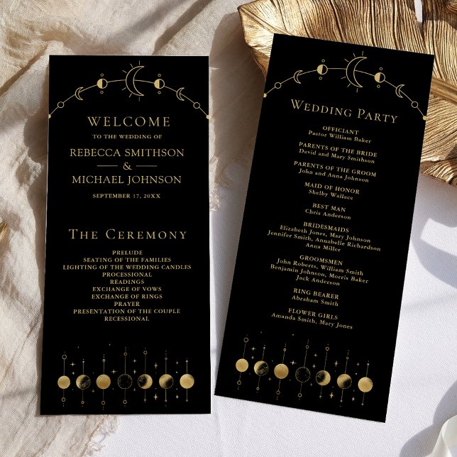 Celestial Black Gold Crescent Moon Wedding Program (Creator Uploaded)