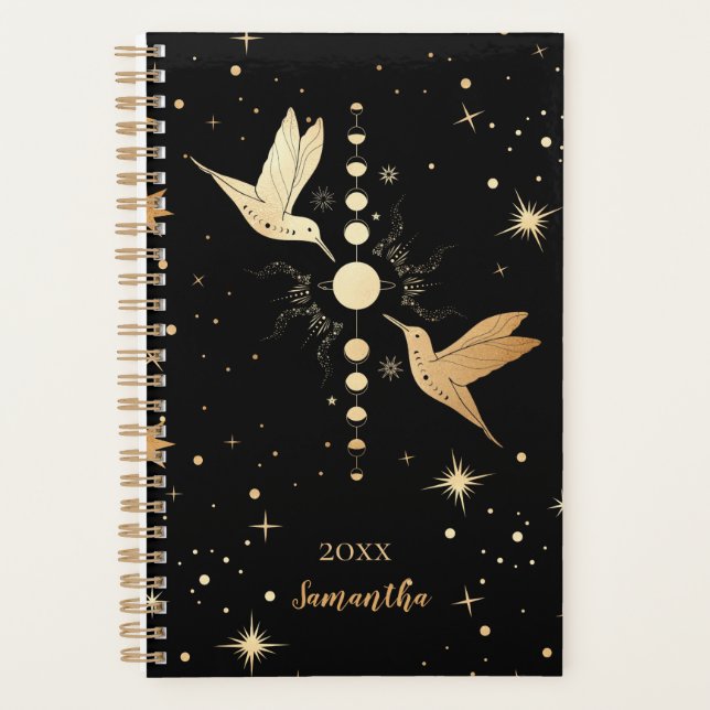 Celestial Black Gold Hummingbird Moon Name Year Planner (Front)