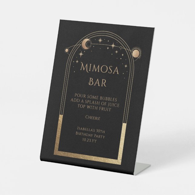 Celestial Black Gold Mimosa Bar Sun Moon Stars  Pedestal Sign (Front)