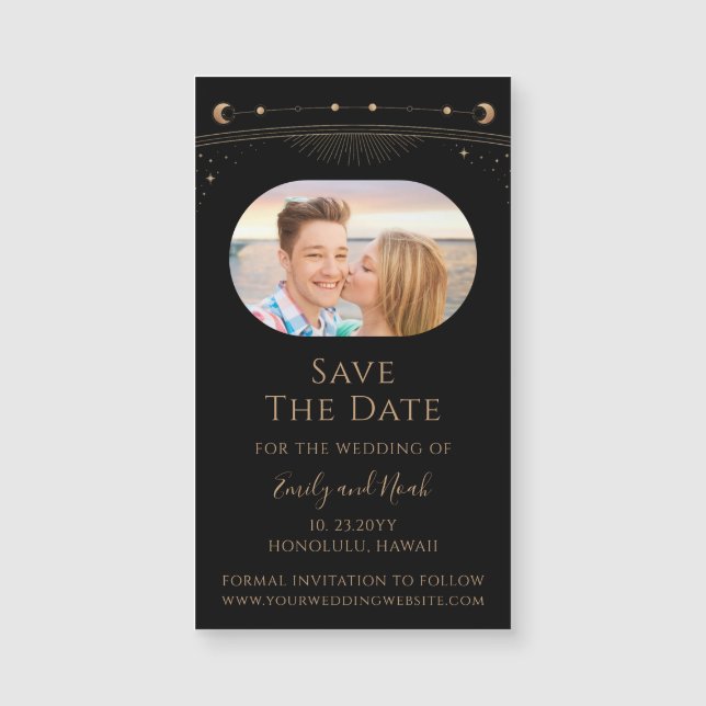 Celestial Black Gold Moon Phase Wedding Photo (Front)