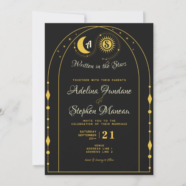 Celestial Black Gold Moon Sun Crest RSVP QR Code Invitation (Front)