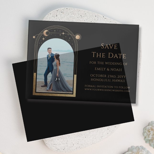 Celestial Black Gold Photo Wedding Save The Date Vellum Invitations (Creator Uploaded)