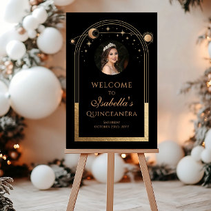 Celestial Black Gold Quinceañera Birthday Welcome  Acrylic Sign