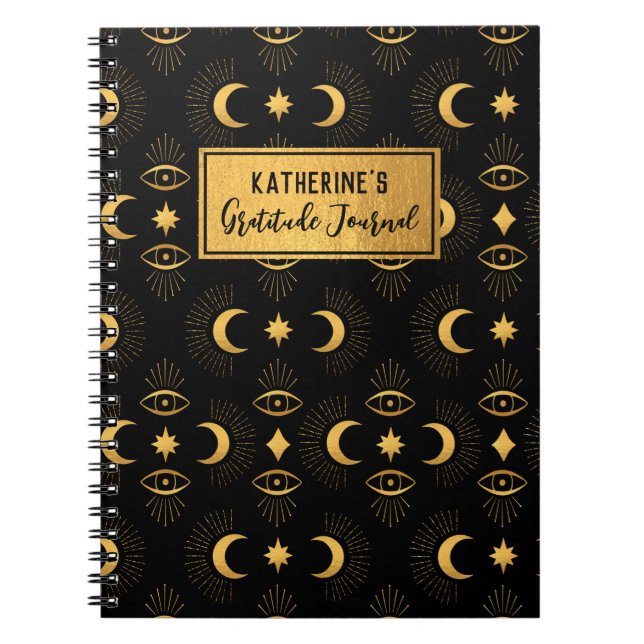 Celestial Black Gold Stars Moon Gratitude Journal (Front)