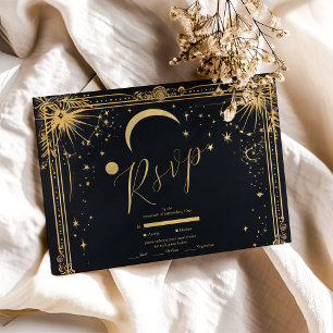 Celestial Black Gold Sun Moon Astronomy Wedding RSVP Card
