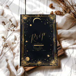 Celestial Black Gold Sun Moon Astronomy Wedding RSVP Card