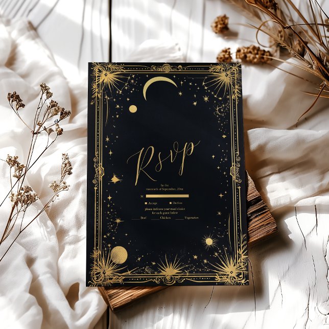 Celestial Black Gold Sun Moon Astronomy Wedding RSVP Card (Creator Uploaded)