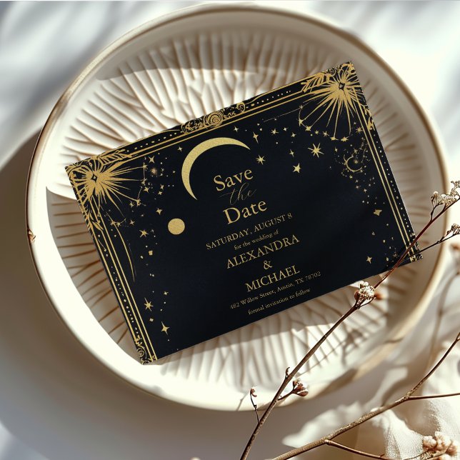Celestial Black Gold Sun Moon Astronomy Wedding Save The Date (Creator Uploaded)