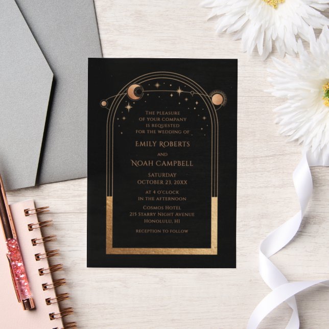 Celestial Black Gold Sun Moon Astronomy Wedding Vellum Invitations (Wedding)