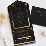 Celestial Black Gold Sun Moon Celestial Wedding All In One Invitation<br><div class="desc">Celestial Black Gold Sun Moon Astronomy Wedding All In One Invitation features a golden sun, moon and stars with a gold frame on a black background. Inside is your custom wedding invitation information. Below is the removable RSVP card with three meal choice options for you guests to remove and return....</div>
