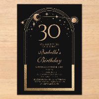 Celestial Black Gold Sun Moon Stars 30th Birthday
