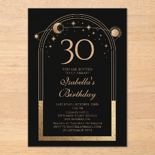 Celestial Black Gold Sun Moon Stars 30th Birthday Acrylic Invitations